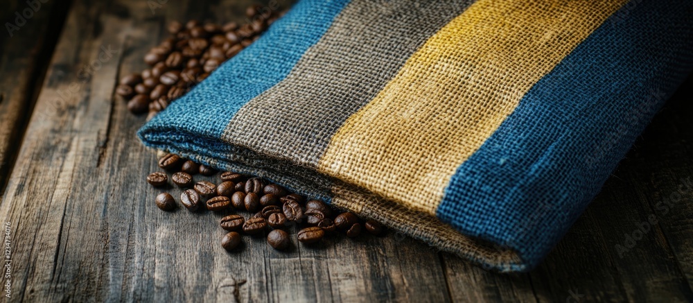 Poster coffee beans scattered around a textured burlap sack on a wooden surface with copy space for text.