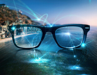A pair of black-framed glasses is photographed against a coastal sunset background with ethereal blue light effects creating a magical atmosphere.