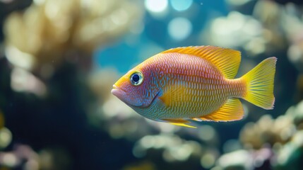 Obraz premium Colorful tropical fish swimming in a coral reef environment with blurred background and ample copy space for text