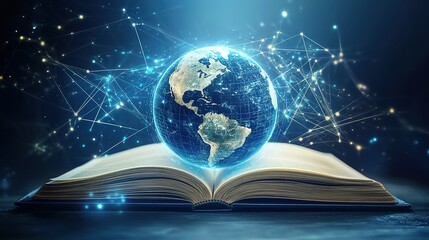 An open book with a digital Earth and global network connections floating above it, representing the online environment of educational resources.