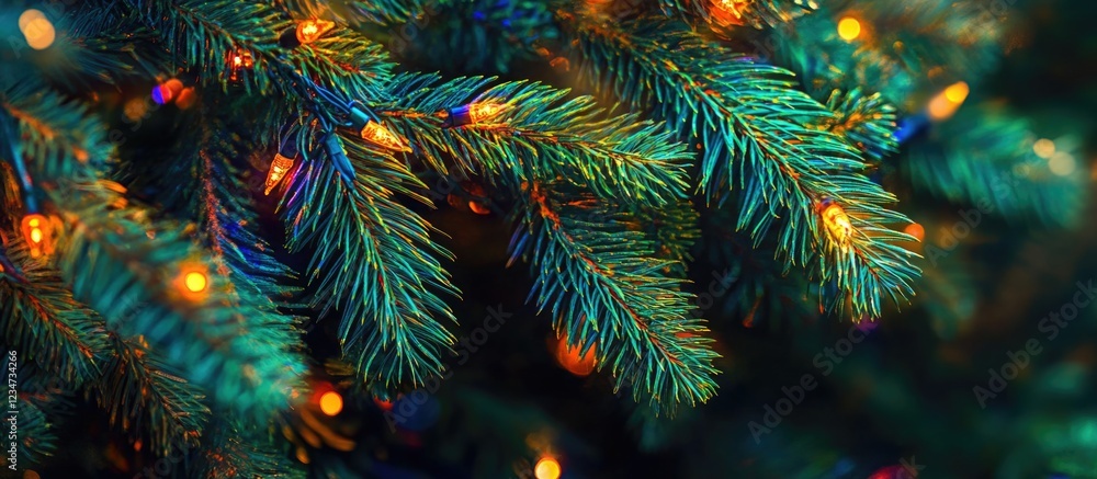 Poster christmas tree branches with colorful lights bokeh dark background copy space