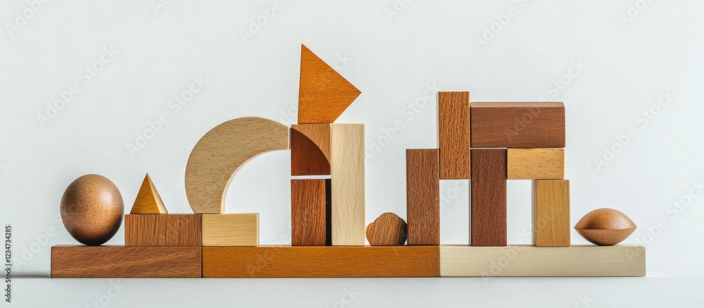 Poster colorful wooden building blocks in various geometric shapes arranged on a white background with ampl