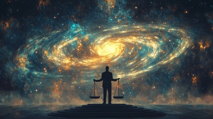 Man Holding Scales with Galaxy Background Representing Justice Concept