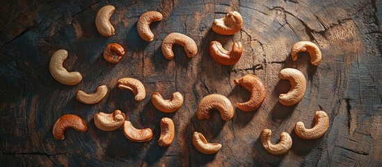 Cashew nuts on rustic wooden surface with natural lighting Copy Space