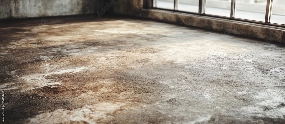 Poster empty urban loft space with worn concrete floor and large windows creating natural light copy space