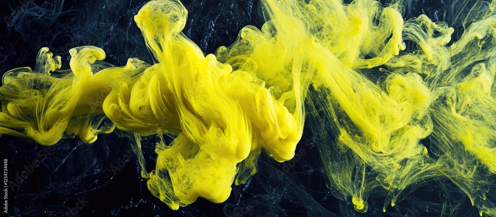 Poster yellow ink swirling in water on a dark background with copy space for text. abstract fluid art and c