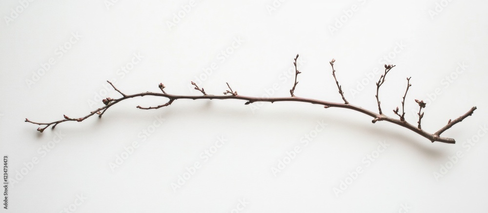 Poster dried twig branch with small buds on a white background suitable for minimalistic design copy space