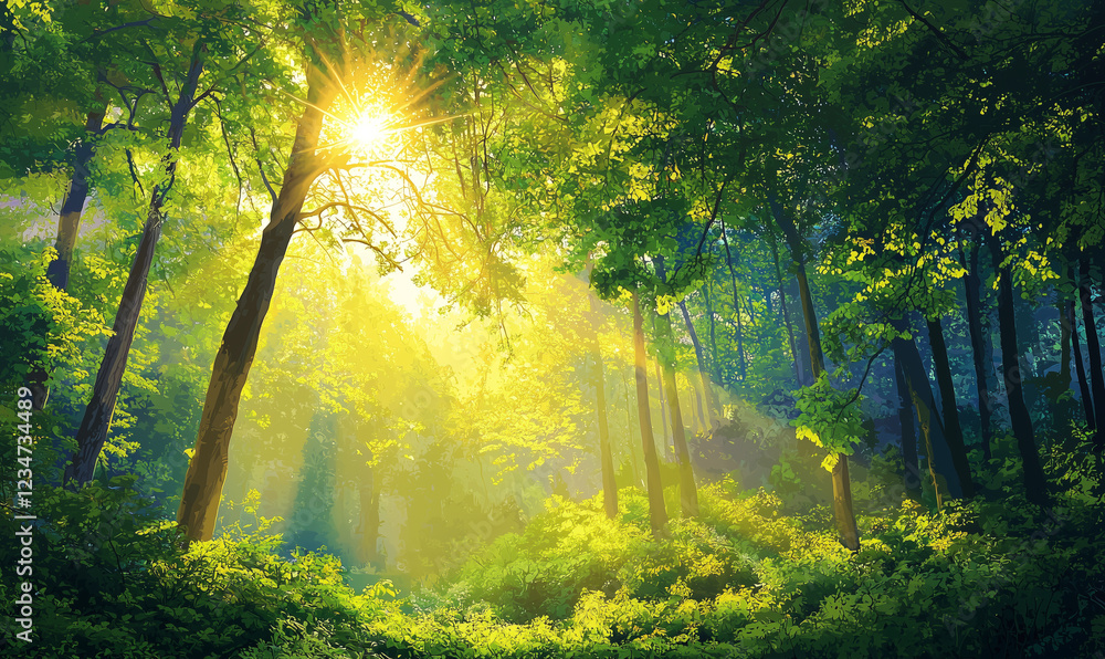 Poster lush forest with sunlight streaming through trees, creating a serene and vibrant atmosphere.