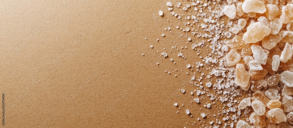 Poster coarse salt crystals scattered on a textured golden background with ample copy space for text placem