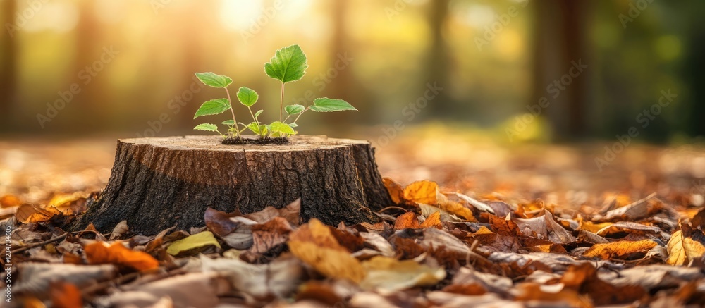 Poster fresh green leaves sprouting from a tree stump surrounded by autumn foliage with sunlight filtering 