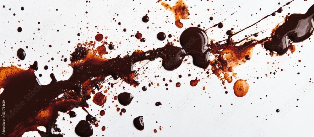 Poster abstract ink splash on white background with scattered droplets and trails depicting movement and cr