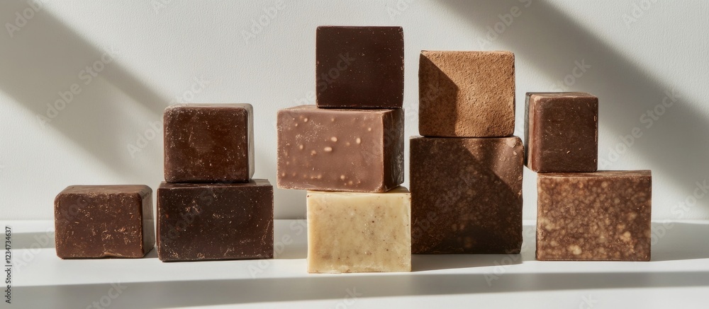 Poster assorted handmade natural soap bars arranged in a decorative manner with shadows on a light backgrou