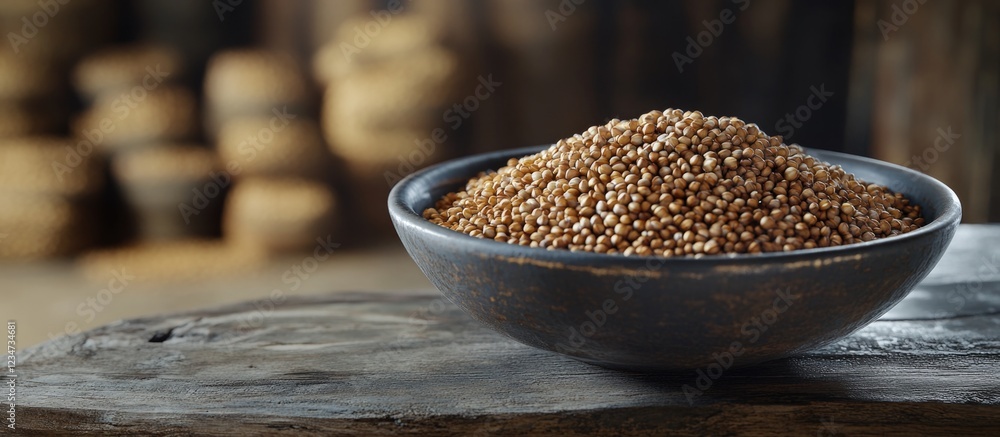 Poster bowl of mustard seeds on wooden table with rustic background and copy space for text