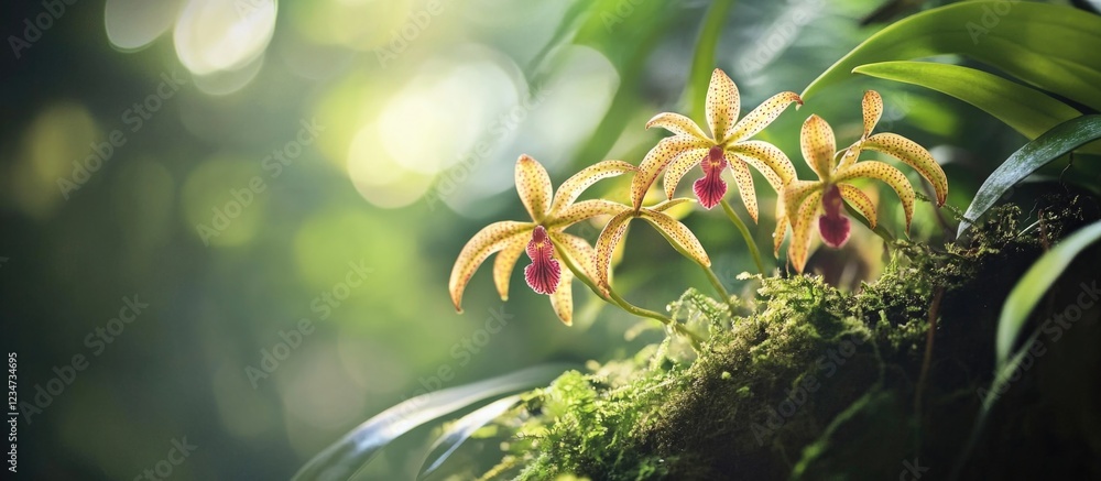 Poster orchids blooming in lush green environment with soft focus background and ample copy space for text 