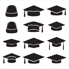 set of vector Teacher&rsquo;s Hat, Academic Hat, graduation hat with diploma, Education cap, Graduation student black cap with academic degree certificate silhouettes