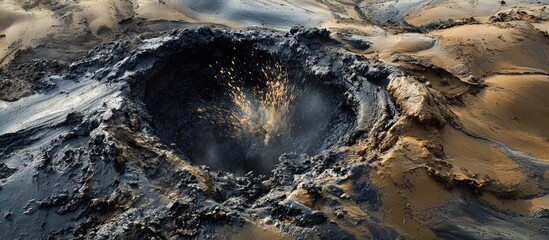 Volcanic eruption creating a large crater with ash and debris surrounded by earthy textures Copy Space