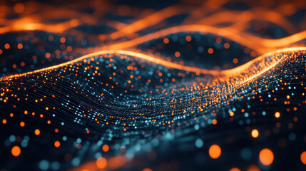 Abstract waves of glowing particles in blue and orange tones evoke technology