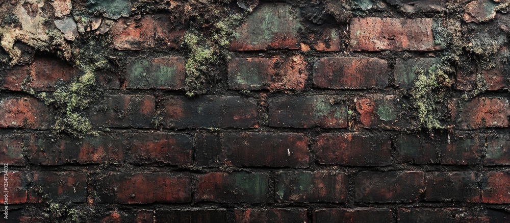Poster weathered brick wall with moss and ivy growth on aged surface ideal for background with copy space f
