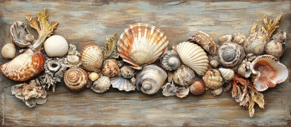 Poster various seashells arranged on a wooden surface with natural textures and colors, featuring copy spac