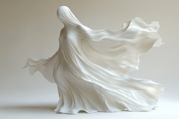 A flowing white sculpture resembling a ghostly figure in motion.