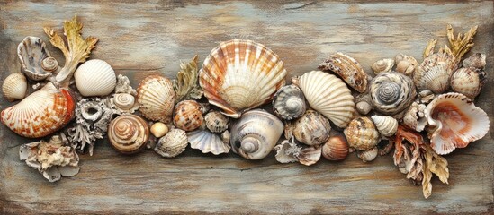 Various seashells arranged on a wooden surface with natural textures and colors, featuring copy space for text placement.