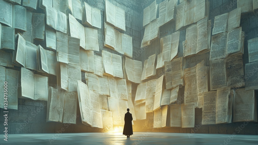 Poster enigmatic space with floating pages and silhouette of a figure