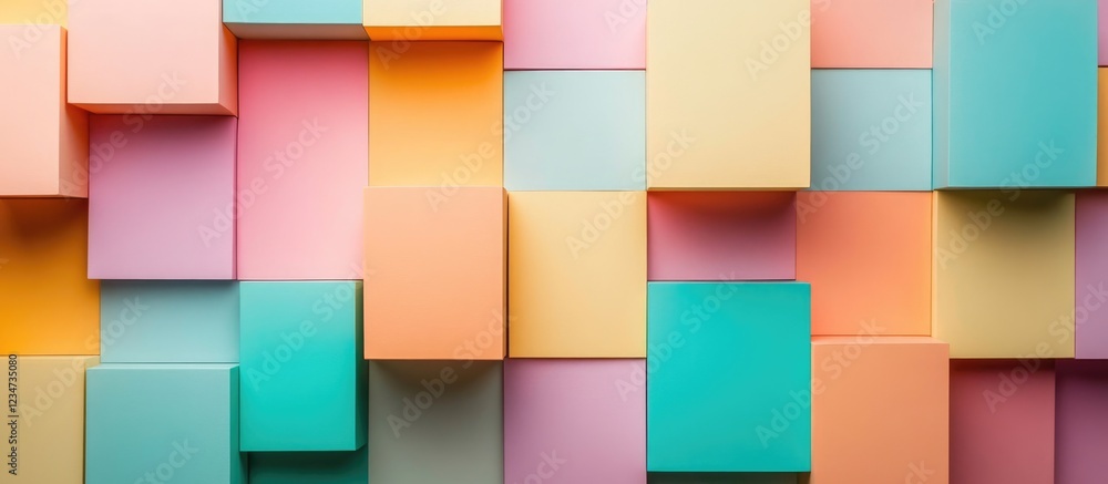 Poster colorful geometric background of stacked and layered pastel boxes with copy space for text placement