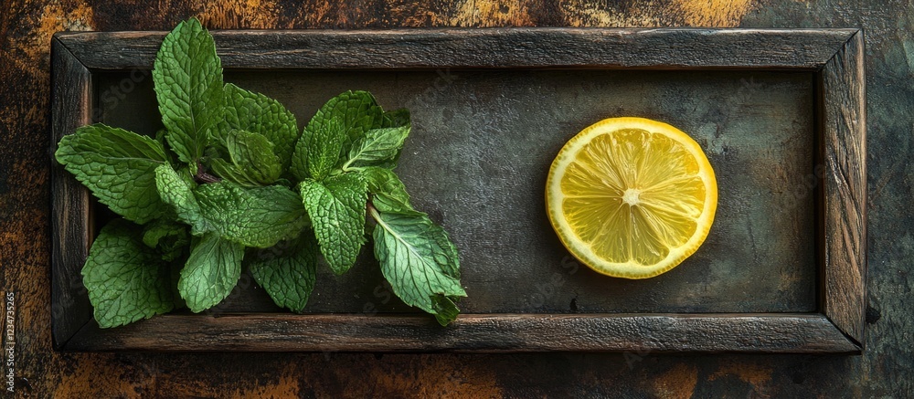 Poster fresh mint leaves and a sliced lemon arranged in a rustic wooden frame on a textured surface with co