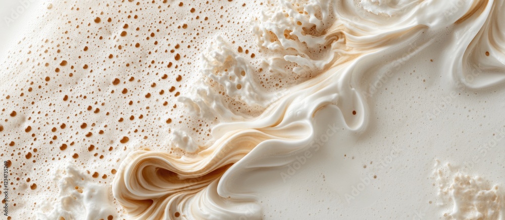 Poster abstract close-up of crema and foam texture on surface of coffee beverage with copy space for text.