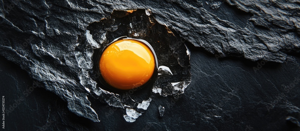 Poster fresh chicken egg yolk on a dark textured stone surface with shell fragments and copy space for text