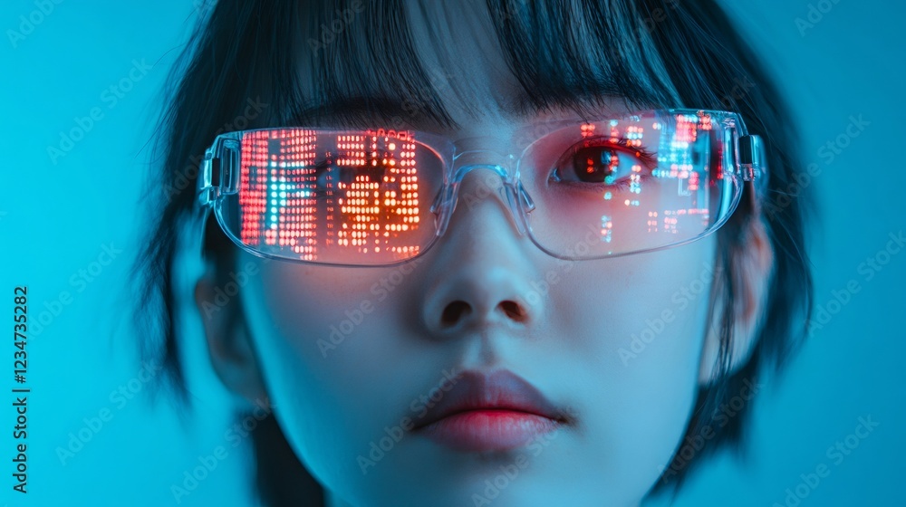 Poster businesswoman wearing futuristic augmented reality smart glasses with a digital data display reflect