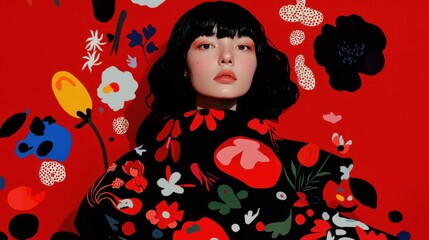 Fototapeta premium Remote collaboration illustrations featuring a woman surrounded by floral patterns in a bold red background