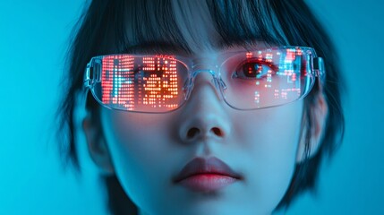 Businesswoman wearing futuristic augmented reality smart glasses with a digital data display reflects the integration of technology in modern business operations