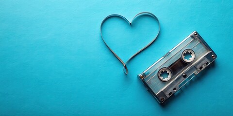 Fototapeta premium A silver audio cassette tape lies on a bright blue surface, with its tape pulled out to form a heart shape.