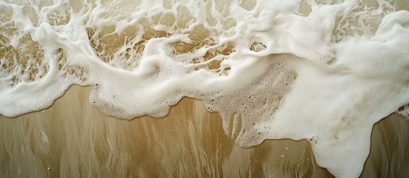 Aerial view of sandy beach with foamy ocean waves and brown water texture Copy Space