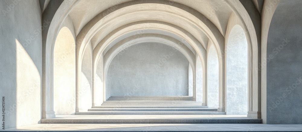 Poster abstract interior architecture with arches and smooth concrete walls featuring natural light and cop