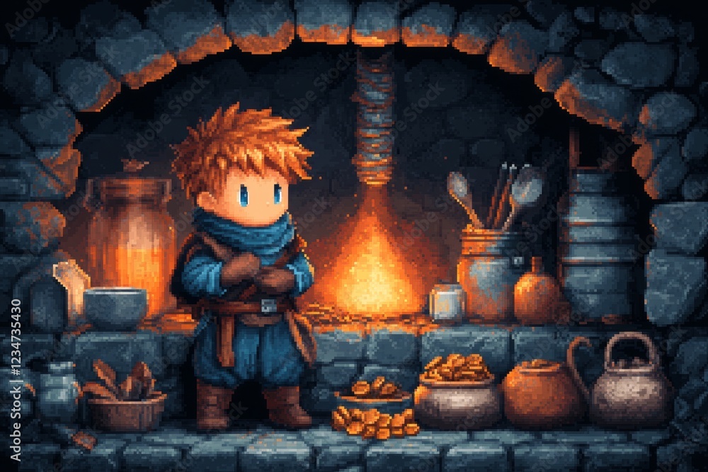 Poster A pixel art character checking their inventory in a retro-style video game, showing a sufficient number of health potions, tools, and coins neatly arranged