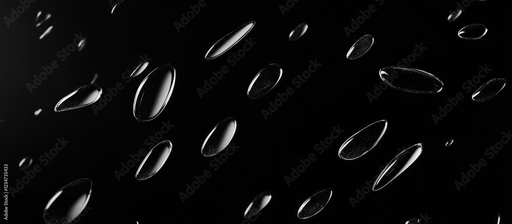 Poster water droplets on a black background with varying sizes and shapes, suitable for use as texture or b