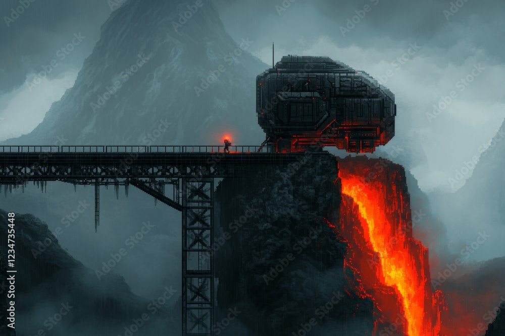 Poster A pixel art character tentatively crossing a narrow bridge over a lava-filled chasm in a retro-style video game, with animated fire and glowing pixel effects