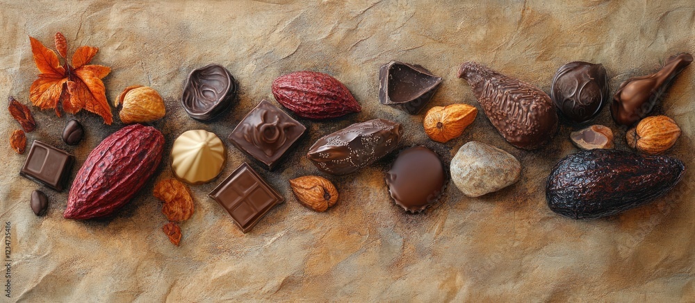 Poster assorted chocolate and cacao beans on textured background with autumn leaves and copy space for text