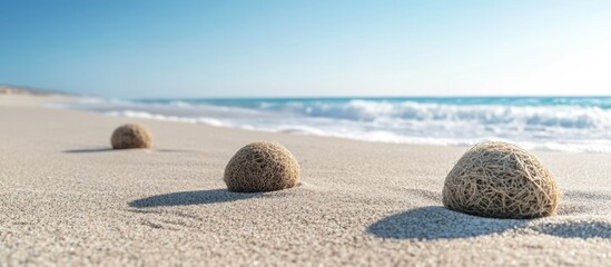 Obraz premium Round textured stones on sandy beach with gentle waves in the background bright sunlight Copy Space
