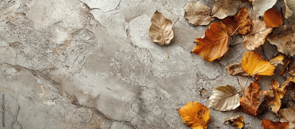 Poster autumn leaves scattered on a textured gray background with copy space available for text placement
