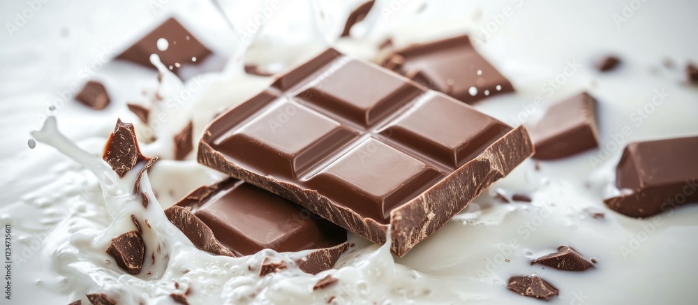 Poster chocolate bar pieces splashing in milk with chocolate fragments around and copy space for text place