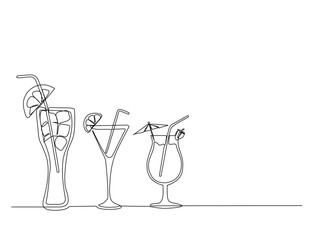 Continuous one line drawing of tropical juice drink with garnish. cocktail drink in single line draw illustration. Editable stroke.