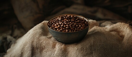 Bowl of brown coffee beans on burlap fabric with textured background and copy space for text insertion