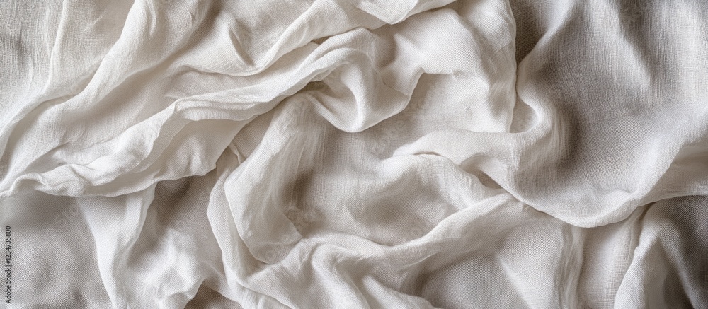 Poster white crumpled fabric texture close-up with soft folds and wrinkles featuring copy space for design 