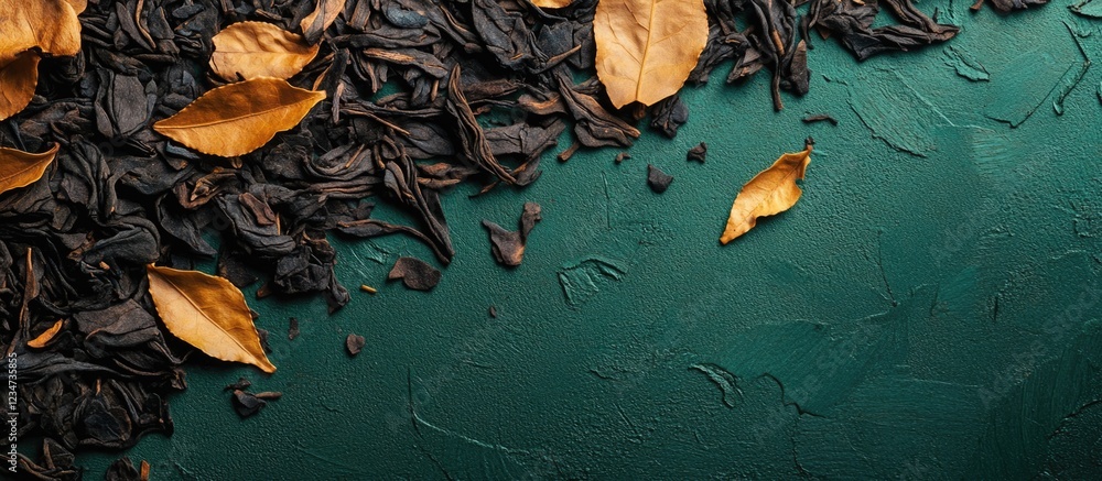 Poster dried leaves on textured dark green background with copy space for text or design elements