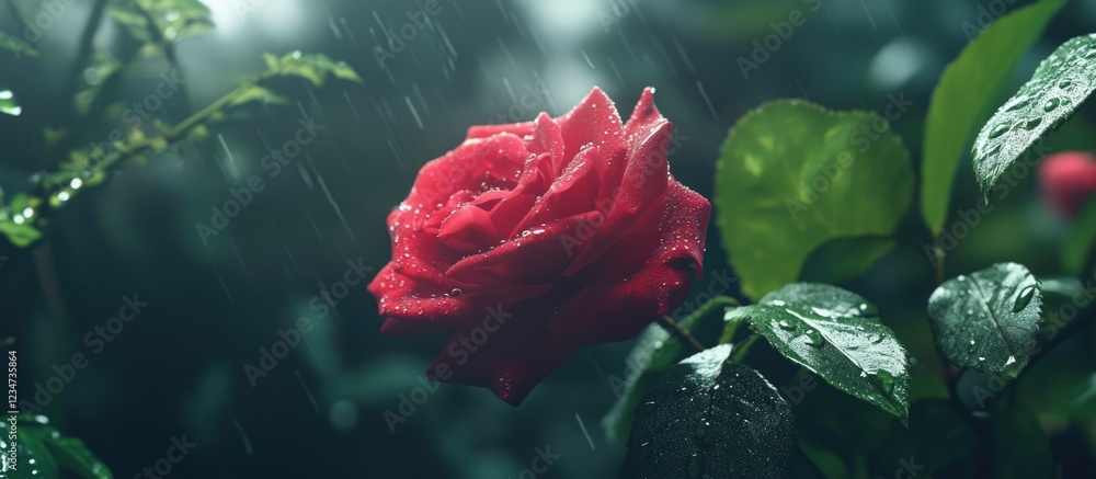 Poster red rose with raindrops in a lush green garden setting with soft focus background and copy space for