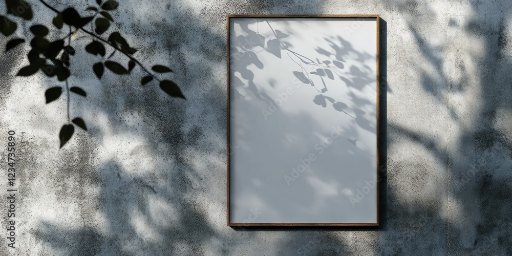 Poster empty frame on textured wall with shadows of leaves cast, suitable for displaying artwork or text, c