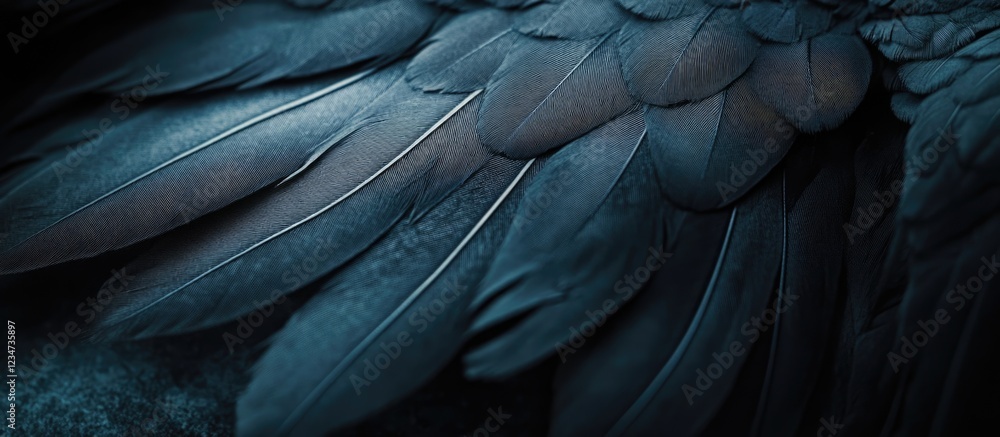 Poster dark feather texture close-up with detailed patterns and tones, copy space available for text overla